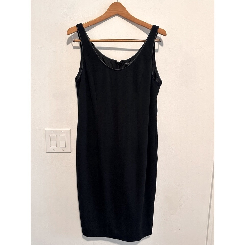 Eileen Fisher Midi Length Viscose Dress Leather Trim In Black - Picture 2 of 9